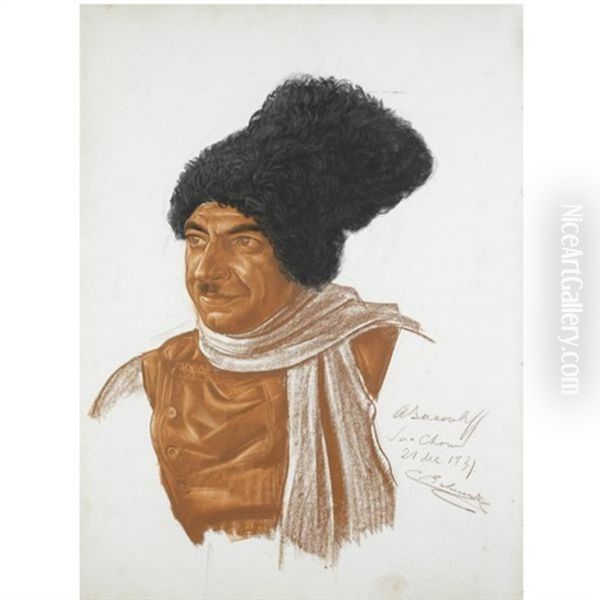 Portrait Of Clovis Balourdet In A Fur Hat Oil Painting by Alexander Evgenievich Iacovleff