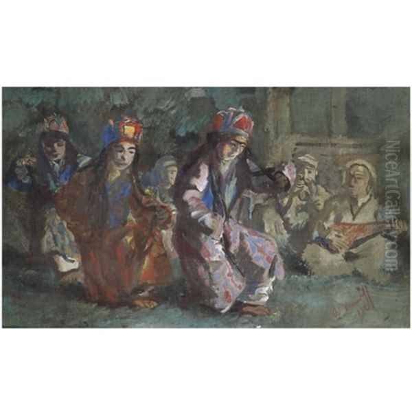 Dancers Of The Mir Of Hounza Oil Painting by Alexander Evgenievich Iacovleff