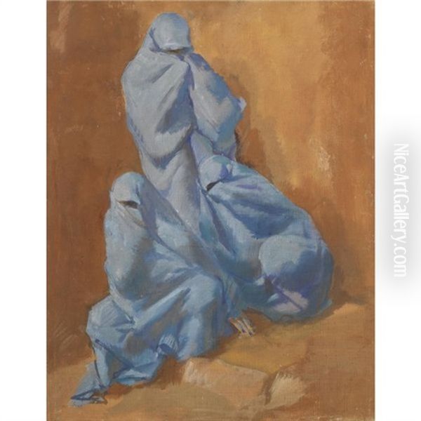 Three Women In Blue Veils Oil Painting by Alexander Evgenievich Iacovleff