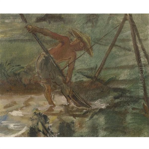 Asian Fisherman Oil Painting by Alexander Evgenievich Iacovleff