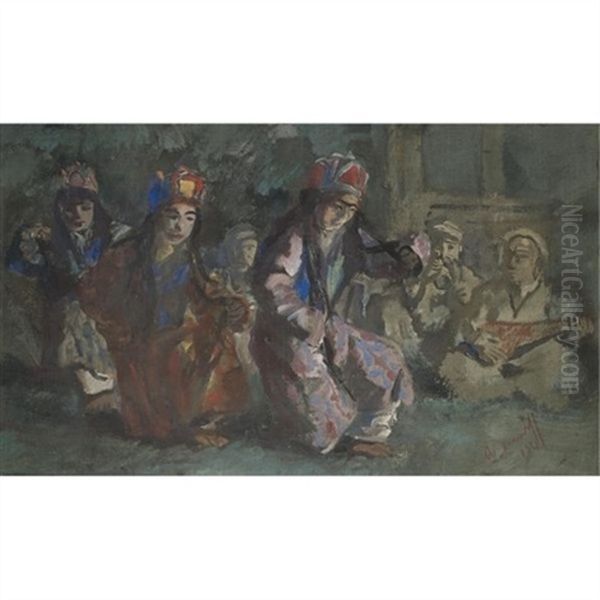 Dancers Of The Mir Of Hunza Oil Painting by Alexander Evgenievich Iacovleff