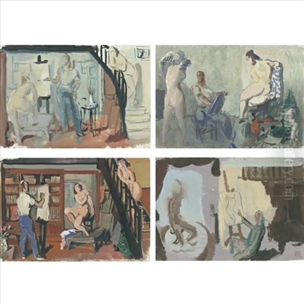 Studies Of The Artist And His Model (4 Works, One 1914, Sgd.) Oil Painting by Alexander Evgenievich Iacovleff