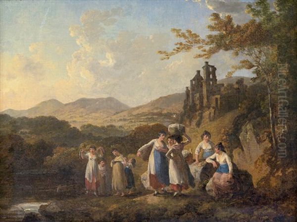 Die Ruinen Von Roslin Castle, Schottland Mit Wascherinnen Am Fluss North Esk Oil Painting by Julius Caesar Ibbetson