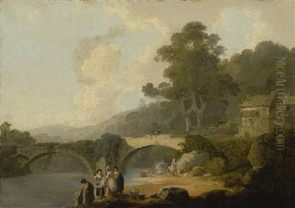 Landscape With Washerwomen In The Foreground, An Arched Bridge Beyond Oil Painting by Julius Caesar Ibbetson