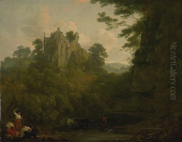 View Of Hawthornden Castle On The River North Esk, Midlothian, Scotland Oil Painting by Julius Caesar Ibbetson