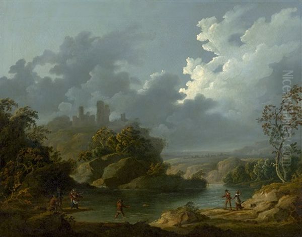 Flusslandschaft Mit Landvolk Bei Aufziehendem Gewitter Oil Painting by Julius Caesar Ibbetson