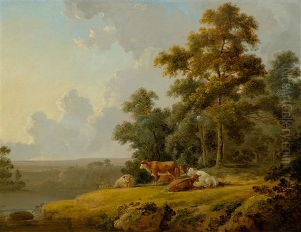 Woodland And River Landscape With Cows Oil Painting by Julius Caesar Ibbetson