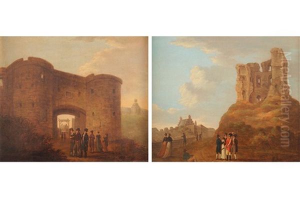 Two Views Of Scarborough Castle, Yorkshire: The Main Gateway With Numerous Figures And The Keep With Tourists And A Soldier (2 Works) by Julius Caesar Ibbetson