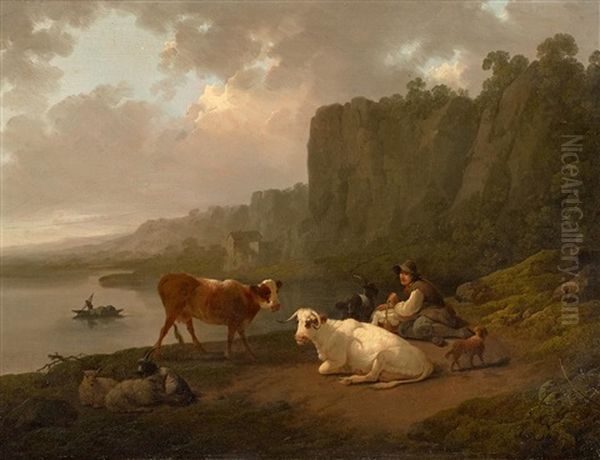 Hirte Mit Seinem Vieh An Einer Felsigen Meeresbucht Oil Painting by Julius Caesar Ibbetson