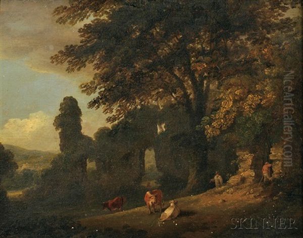 Cows And Farmers Amidst Ruins Oil Painting by Julius Caesar Ibbetson