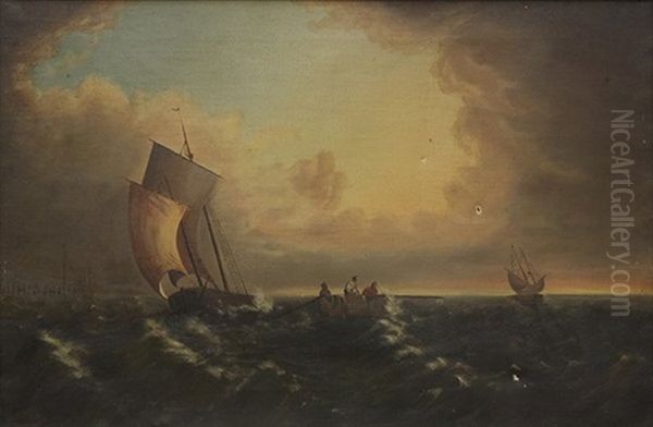 Figures In Row Boat With Ships In Rough Seas Oil Painting by Julius Caesar Ibbetson