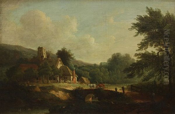 Bucolic Farm Scene With Cattle And Bridge Oil Painting by Julius Caesar Ibbetson