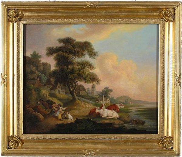 Figures, Cattle And Donkeys In Pastoral Scenes (pair) Oil Painting by Julius Caesar Ibbetson