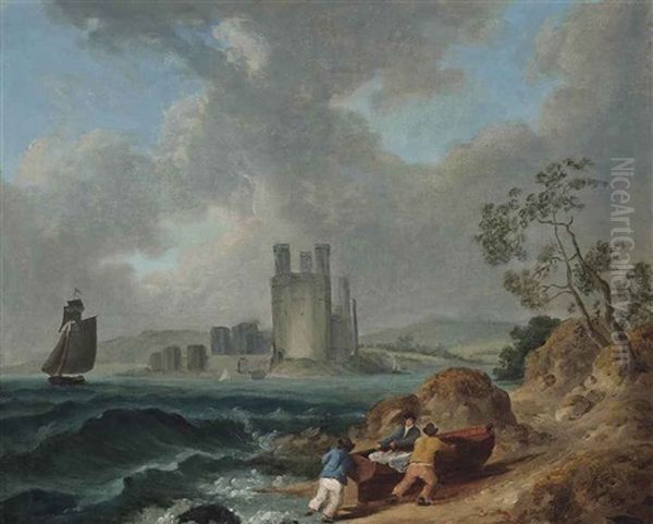 Fishermen Pulling In Their Boat, Carnarvon Castle Beyond Oil Painting by Julius Caesar Ibbetson