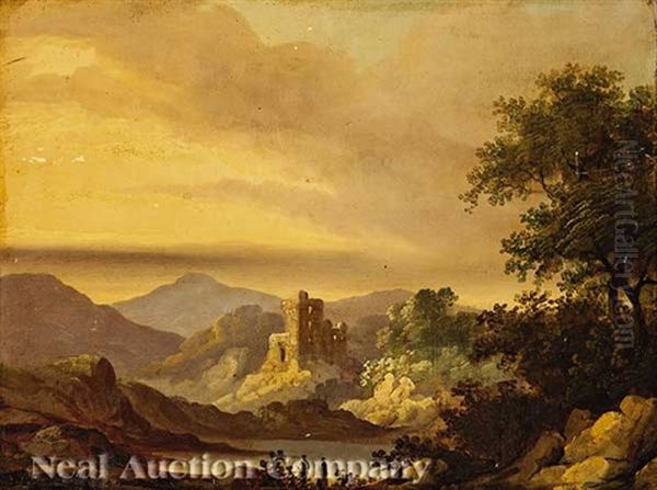 Two Highland Travelers Contemplating The Ruins Of Castle Campbell, Over The Burn At Dollar Glen Oil Painting by Julius Caesar Ibbetson