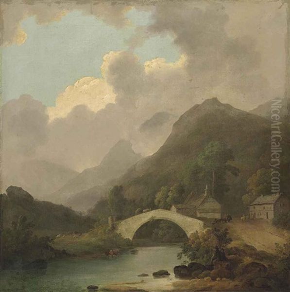 A View Of Pelter Bridge, Rydal, Cumbria Oil Painting by Julius Caesar Ibbetson