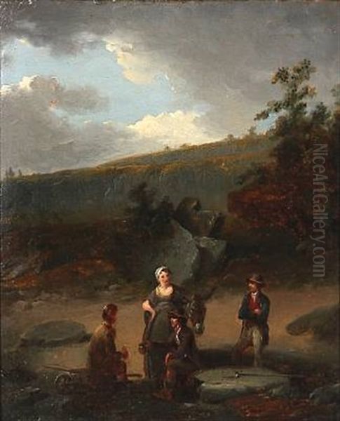 Rocky Landscape With Travellers Resting At A River Oil Painting by Julius Caesar Ibbetson