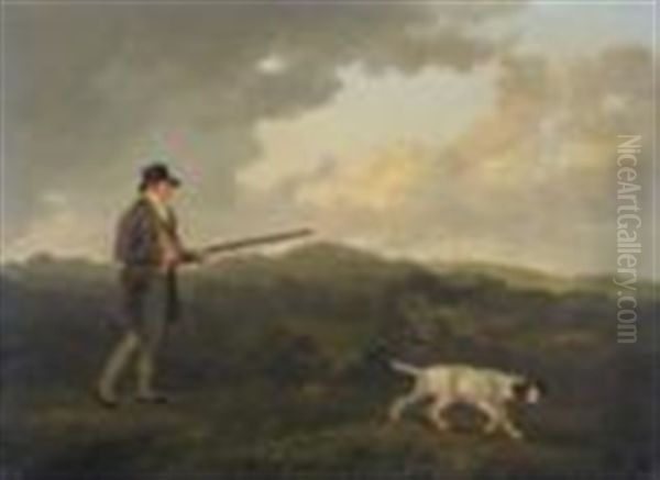 W Danby Esq Of Swinton, Yorkshire, Standing Holding A Gun, A Pointer Nearby Oil Painting by Julius Caesar Ibbetson