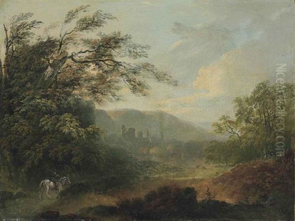 Landscape With A Traveler On Horseback And Ruins In The Distance Oil Painting by Julius Caesar Ibbetson