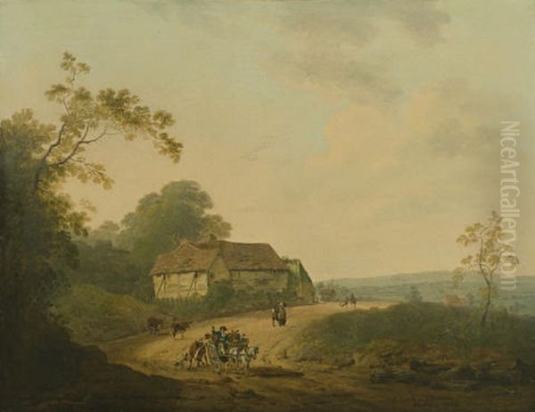 An Extensive Landscape With Travellers On A Road Oil Painting by Julius Caesar Ibbetson