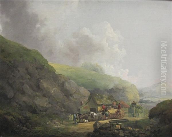 A Carriage And Figures Outside An Inn On A Country Road Oil Painting by Julius Caesar Ibbetson