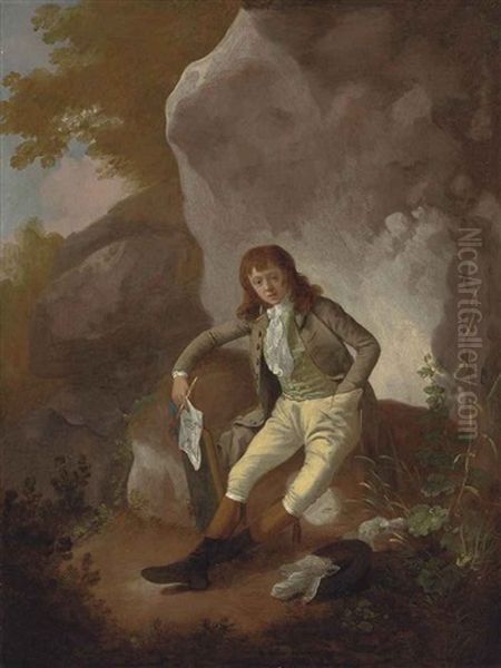 Portrait Of A Boy, Full-length, In A Frock Coat, A Green Striped Waistcoat And A Neckcloth, Beige Breeches And Stockings, Holding A Drawing And A Sketchbook, Resting In A Rocky Landscape Oil Painting by Julius Caesar Ibbetson