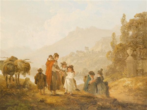 A Family With A Mule In An Italianate Landscape (+ Another, 2 Works) Oil Painting by Julius Caesar Ibbetson