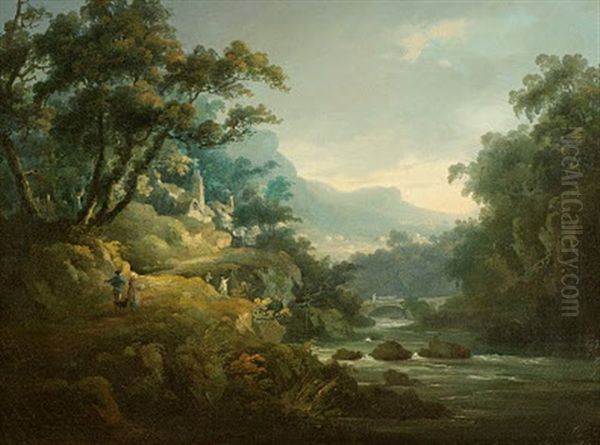 Flusslandschaft Mit Steinbrucke Oil Painting by Julius Caesar Ibbetson