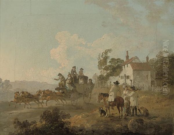 A Landscape With Travellers In A Horse-drawn Carriage Oil Painting by Julius Caesar Ibbetson