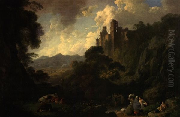 Ansicht Von Roslyn Castle Oil Painting by Julius Caesar Ibbetson