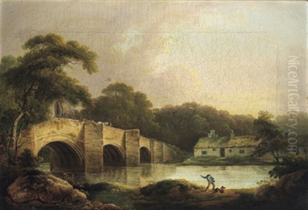 Flusslandschaft Mit Einer Steinernen Bogenbrucke Und Einem Fuhrwerk, Im Vordergrund Ein Mann Mit Seinem Hund by Julius Caesar Ibbetson