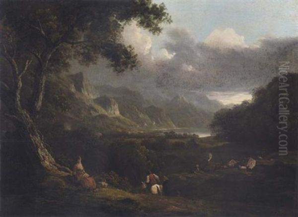 An Extensive Landscape (a View Of The Lake District?) With Figures In The Foreground by Julius Caesar Ibbetson