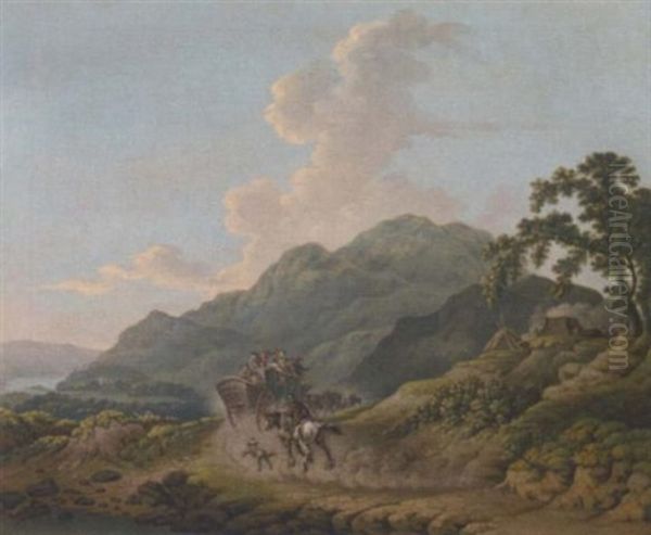 A Coach Passing Charcoal Burners In A Lake Landscape Oil Painting by Julius Caesar Ibbetson