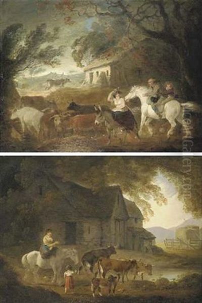 A Farmyard With Cattle, And A Woman On Horseback With A Child Oil Painting by Julius Caesar Ibbetson