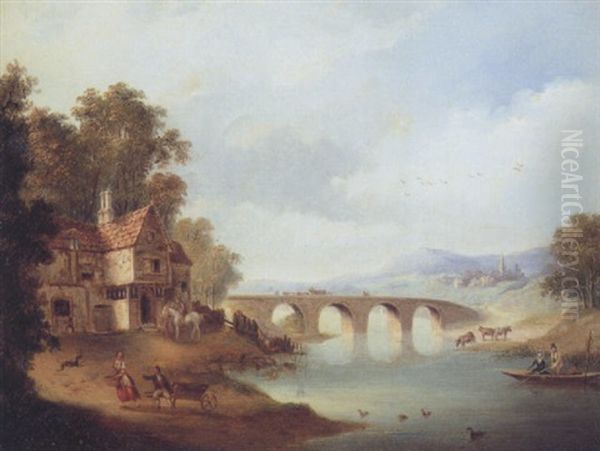 River Landscape With Figures Fishing On A Bridge, An Inn On The Bank Oil Painting by Julius Caesar Ibbetson