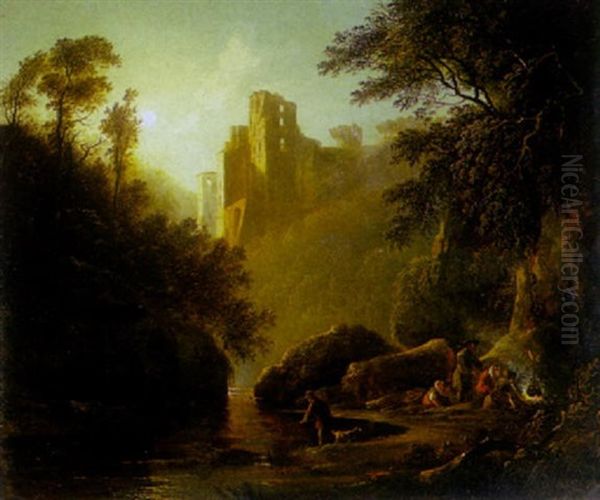 A Moonlit River Scene With Gypsy Figures Cooking In The Foreground And A Ruined Castle Beyond Oil Painting by Julius Caesar Ibbetson