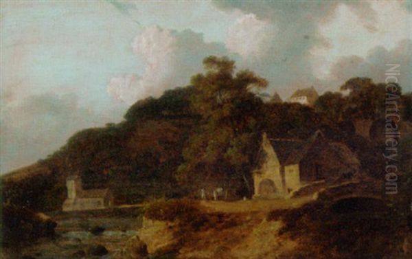 A Horse And Cart By A Watermill In A Wooded Landscape, A Church Beyond Oil Painting by Julius Caesar Ibbetson