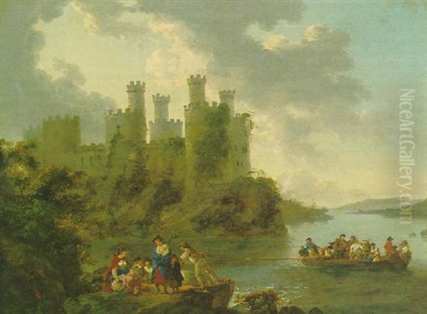 Conwy Castle With Figures And A Ferry In The Foreground Oil Painting by Julius Caesar Ibbetson