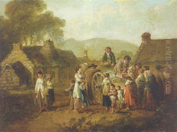 Peasants Gathered At A Fishmonger's Cart In A Village Oil Painting by Julius Caesar Ibbetson