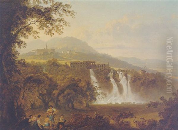 Landscape With A View Of The Temple Of Maecenas And The Falls Of Tivoli Oil Painting by Julius Caesar Ibbetson