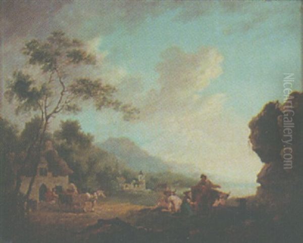 A Rocky Wooded Lakeside Landscape With Horse Drawn Cart & A Woman Milking Cattle Oil Painting by Julius Caesar Ibbetson