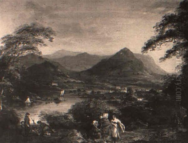 An Extensive Mountainous Lake Landscape With Figures In The Foreground Oil Painting by Julius Caesar Ibbetson