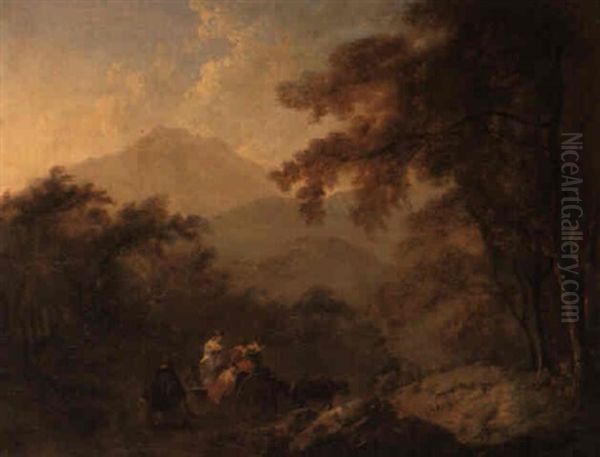 The Rydal Valley, With Figures In A Cart Descending A Wooded Path Oil Painting by Julius Caesar Ibbetson