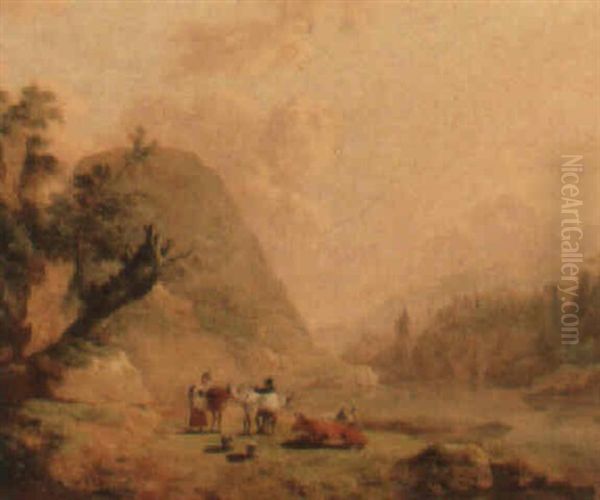 Landscape With Figures And Cattle By A River Oil Painting by Julius Caesar Ibbetson