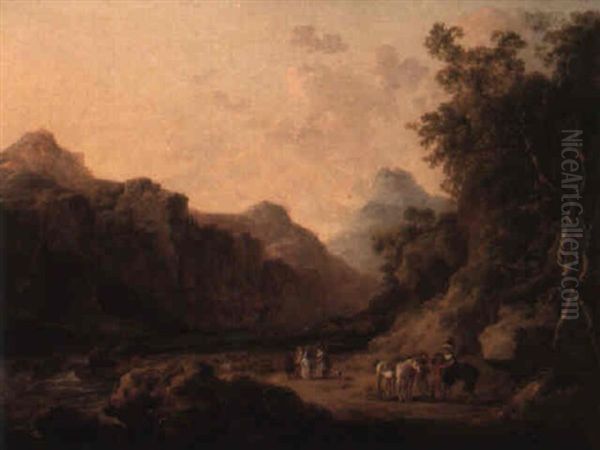 An Extensive Landscape With Elegant Figures Resting By A River Oil Painting by Julius Caesar Ibbetson