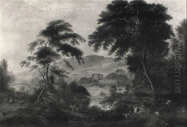 Figures In An Extensive Landscape With Ruins Beyond Oil Painting by Julius Caesar Ibbetson