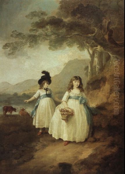 A Landscape With Two Girls Walking In The Vale Of Llangollen Oil Painting by Julius Caesar Ibbetson