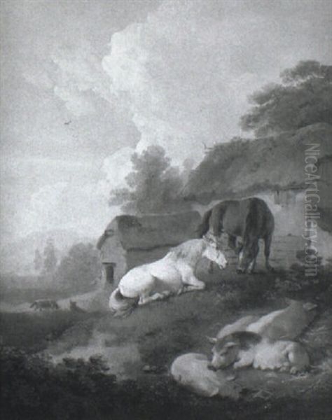 Horses And Pigs Resting In A Landscape With Barns Beyond Oil Painting by Julius Caesar Ibbetson