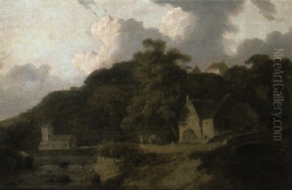 Watermill In A Hilly Wooded Landscape Oil Painting by Julius Caesar Ibbetson