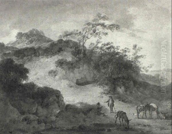 Figures And Donkeys Resting In A Landscape Oil Painting by Julius Caesar Ibbetson